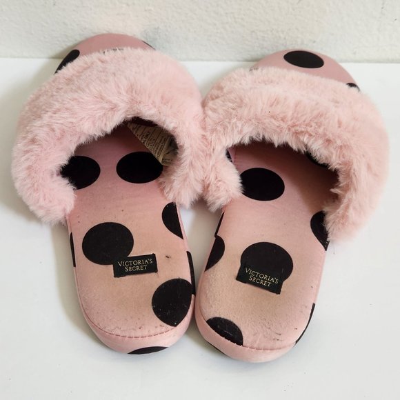 Victoria's Secret Signature Satin Slippers Pink/Black Polka Dot with Faux Fur Si - Picture 6 of 7